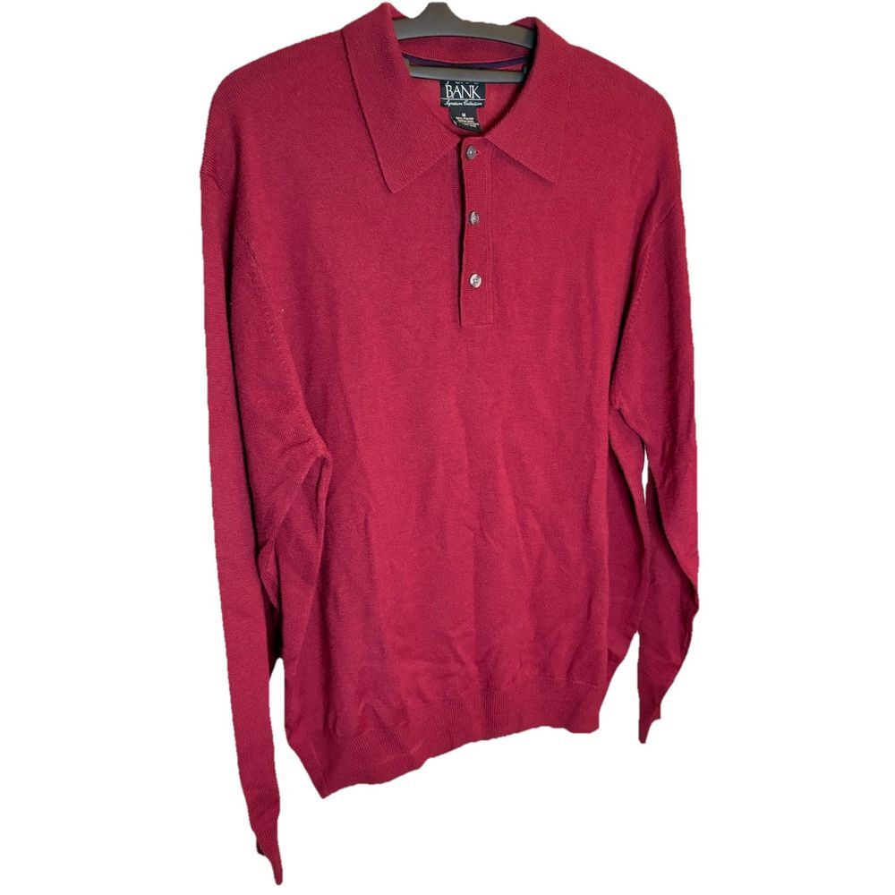 Jos A Bank Sweater Mens Medium Dark Red Merino Wool Signature Collection Collar